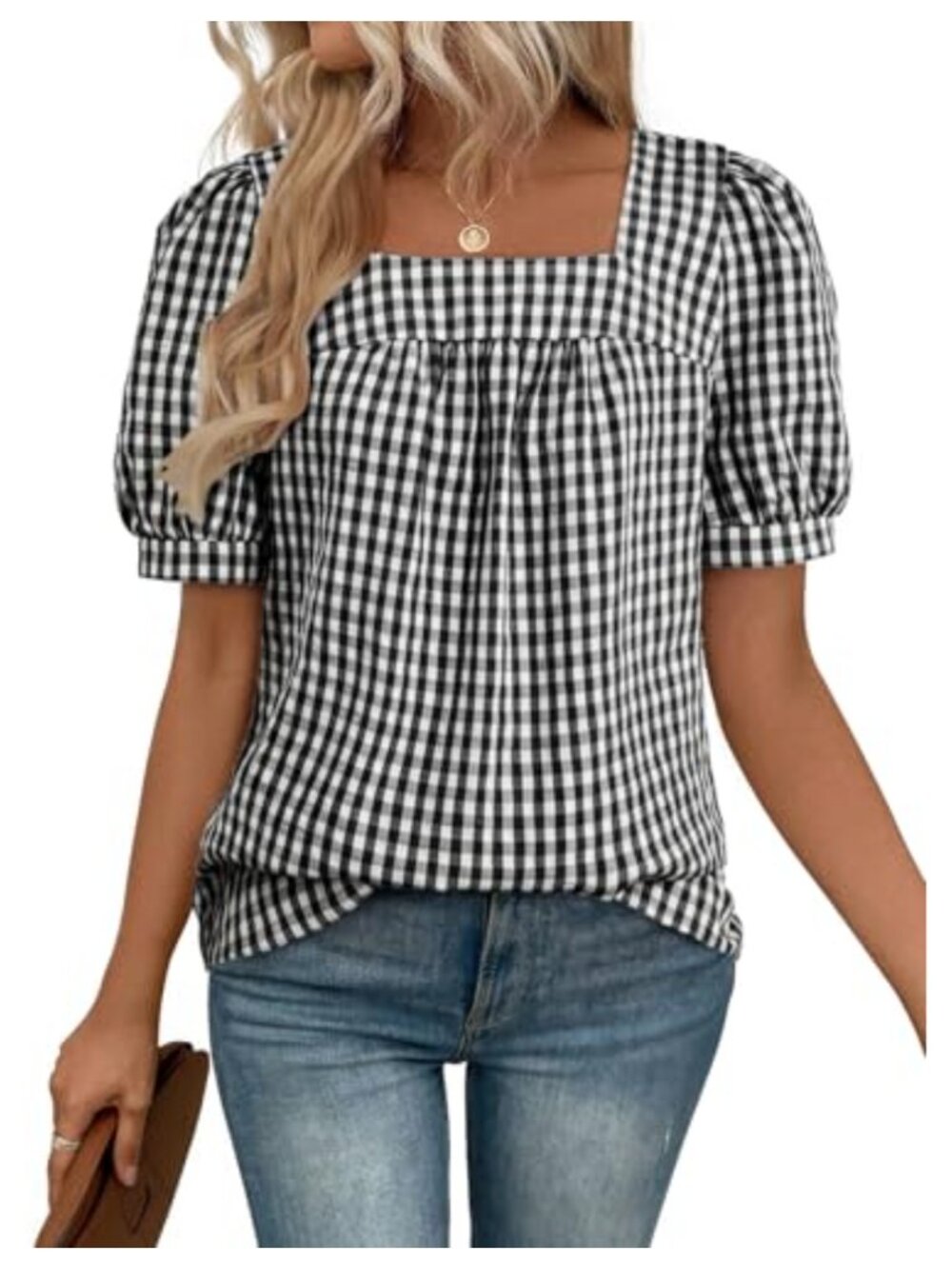 Womens Cotton Blend Tunic Top Square Neck Short Sleeve Gingham Plaid Blouse